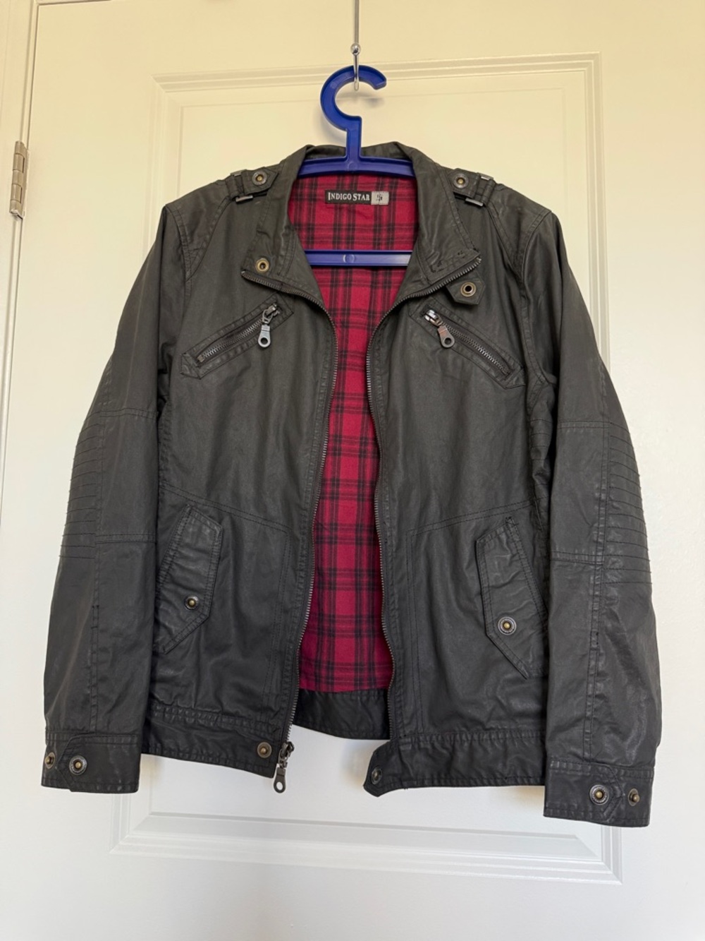 Men's Black Faux Leather Moto Jacket with Red Plaid Lining